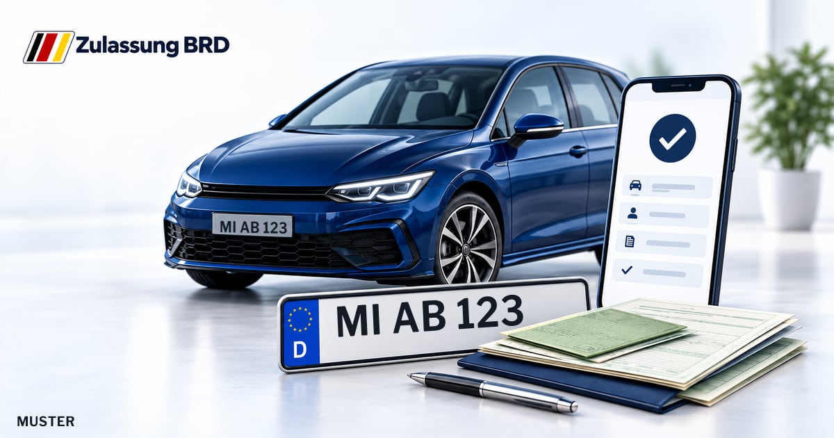 Online Fahrzeugzulassung in Bad Oeynhausen: Musterkennzeichen MI AB 123, Auto und Fahrzeugpapiere und Smartphone. Illustration mit Logo von Zulassung BRD.